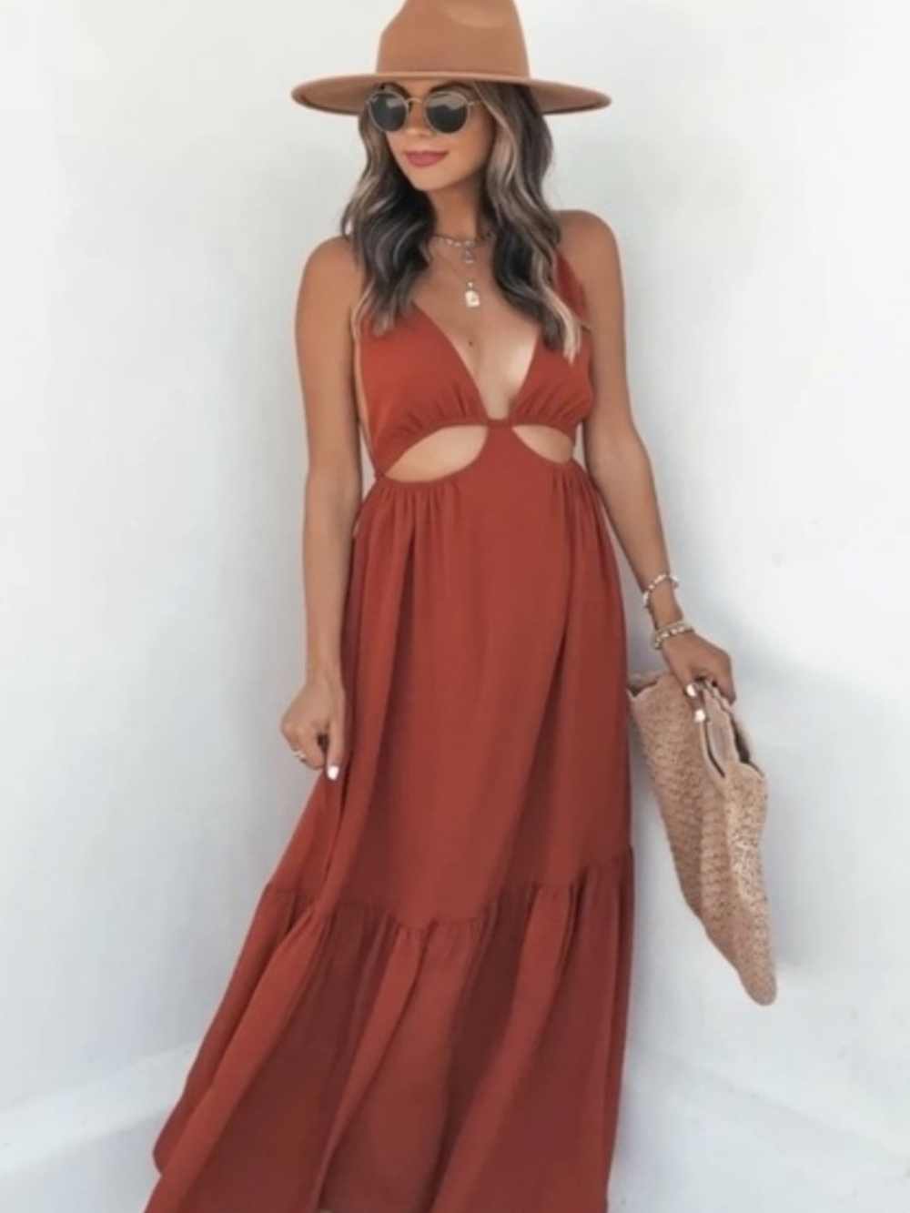 VICI Rust Cutout Back Maxi Dress XS | NWT Summer Wedding Guest Open Back Flowy